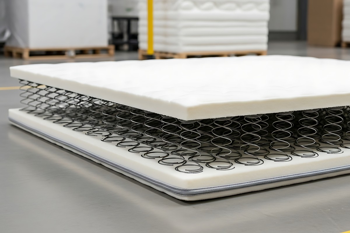 The unfinished bones of an open coil mattress topped with a layer of foam.