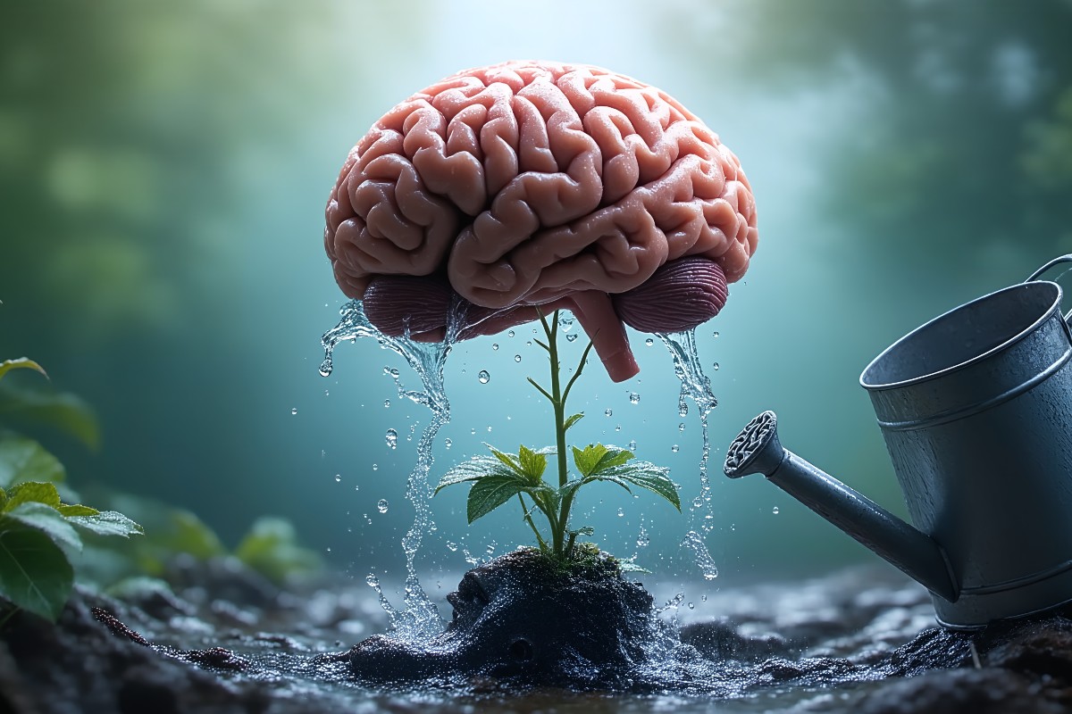 A brain growing from a plant stem with a watering can beside it ready to nourish it.