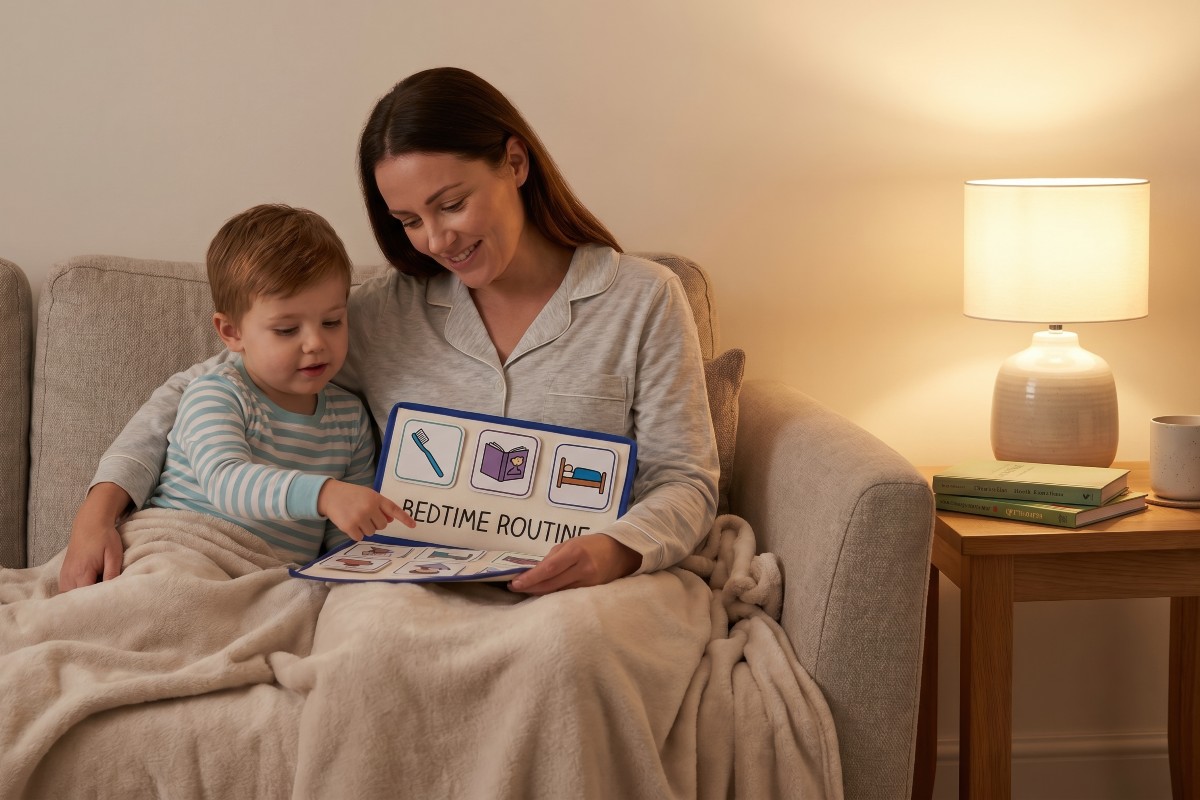 A cosy moment of an adult and child looking at a simple bedtime‑routine chart together.