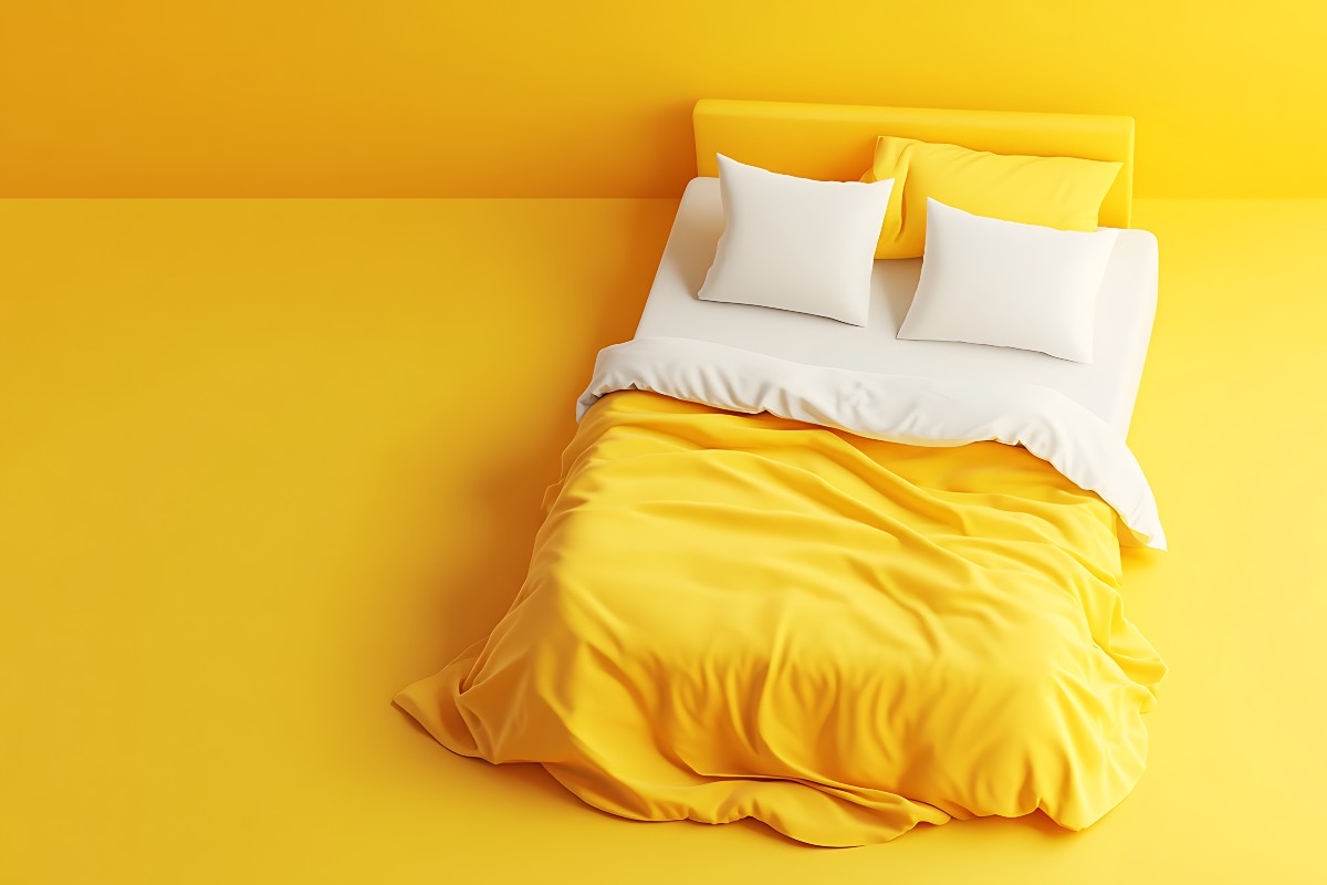 A bed with a yellow duvet cover and white pillow cases set against a true joy yellow background.
