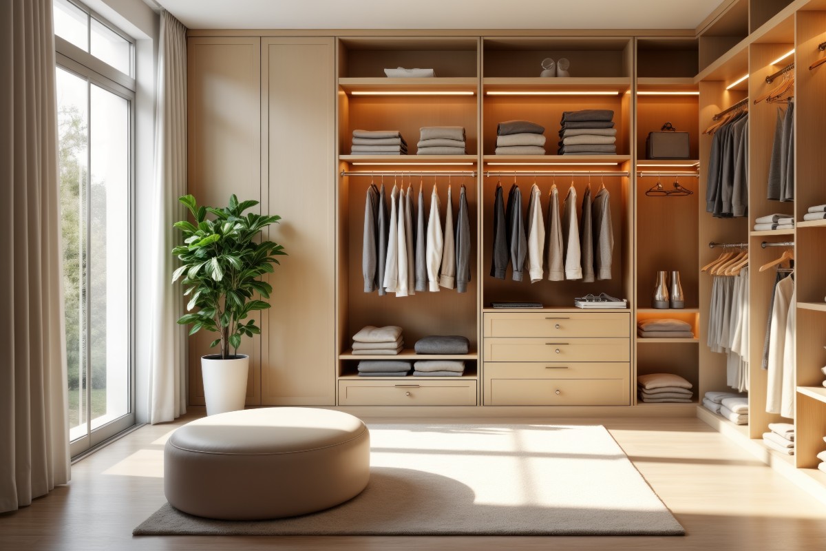 A bright room set up as a walk in wardrobe complete with open door wardrobes.