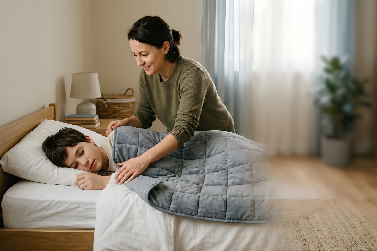 A mum removing the weighted blanket from her sleeping son.