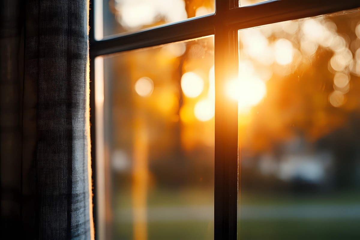 The sun low in the sky as it signals the end of the day through a west facing bedroom window