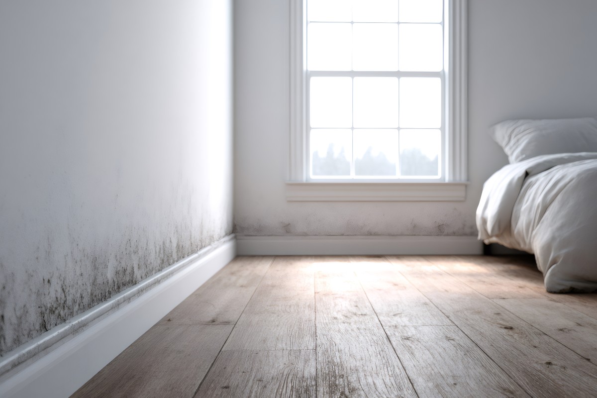 A bedroom with mould growing on the white walls
