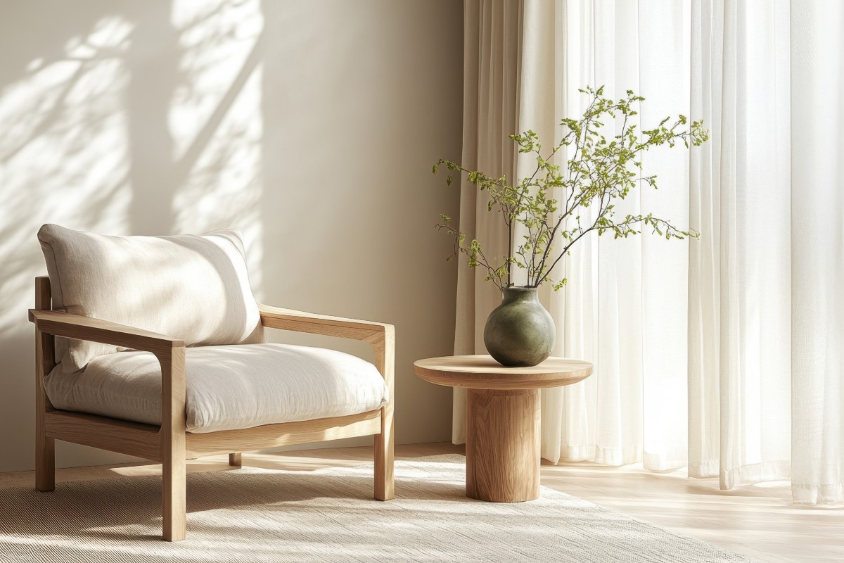 A warm white interior ensemble featuring a wood and white chair, a warm off-white wall, and sheer white curtains paired with a house plant