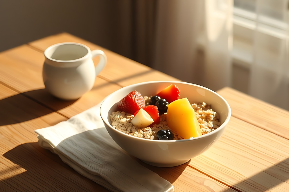 A healthy bowl of oats topped with fresh fruit beside a cup of tea.